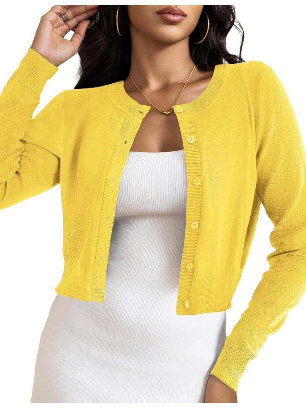 Women's Yellow Crew Neck Cropped Button Down Long Sleeve Cardigan Sweaters